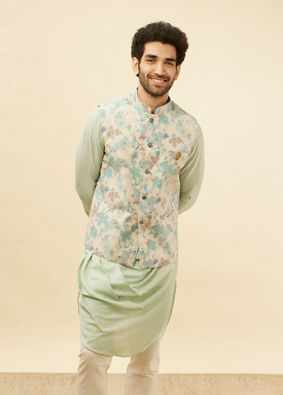 alt message - Manyavar Men Light Beige Floral Printed Kurta Jacket Set image number 0